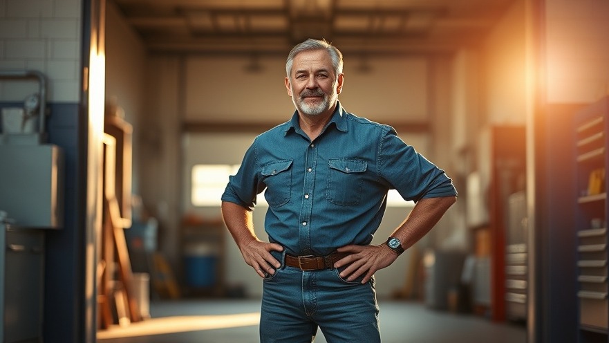 Confident auto shop owner in garage doorway, showcasing legacy preservation and succession planning.