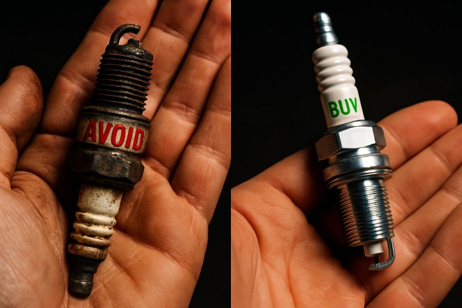 Comparison of worn vs new spark plugs for optimal engine maintenance.
