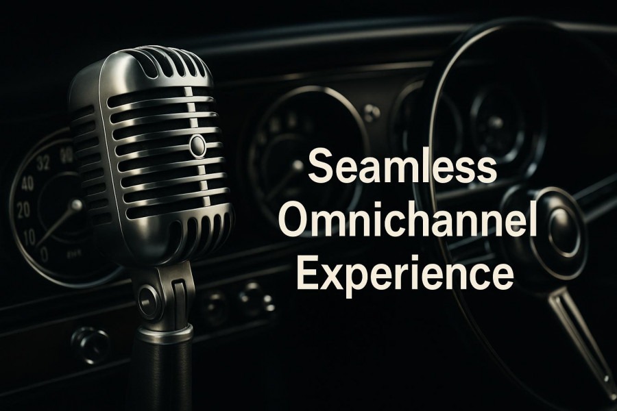 Retro microphone on vintage car dashboard, showcasing integrate online and offline marketing.