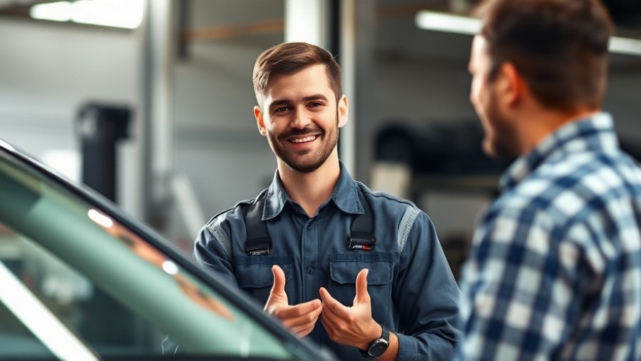 Confident mechanic engages customer on marketing strategies for auto repair.