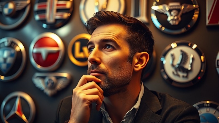Thoughtful man with European luxury car logos, reflecting on BMW reliability and Audi maintenance.