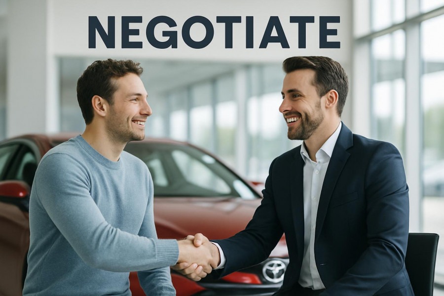 Confident car buyer shakes hands with a smiling salesperson, reflecting a positive car buying experience.