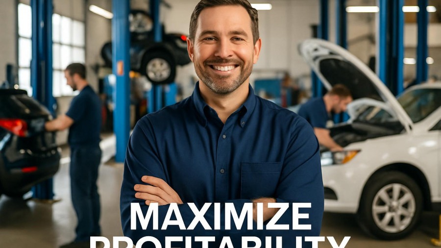 Confident auto shop manager in organized repair shop, showcasing auto repair technology.