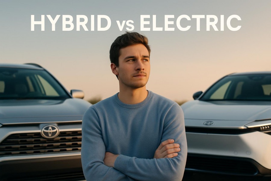Thoughtful driver evaluating Toyota RAV4 Hybrid vs bZ4X, exploring EV vs Hybrid cost.