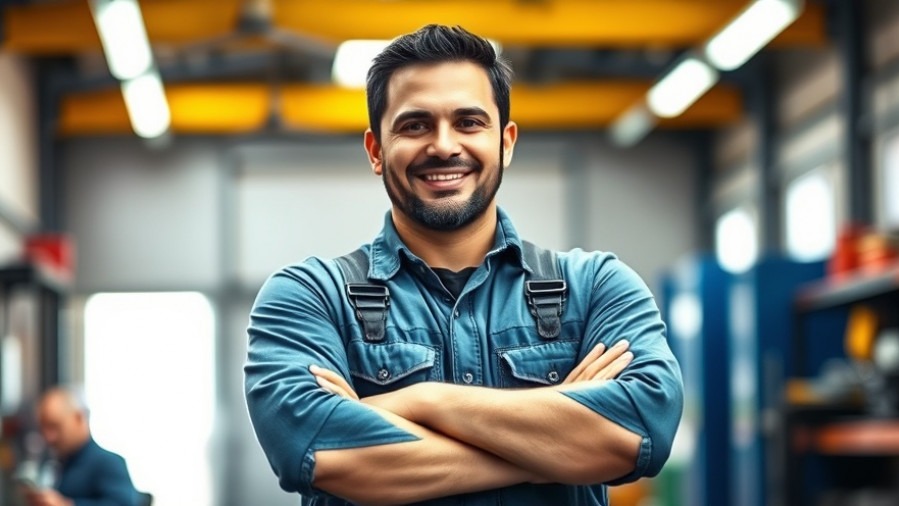 Confident auto mechanic in branded overalls, showcasing customized marketing in a bright workshop.
