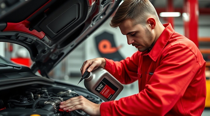 Mechanic pours engine oil additives into a car engine in a vibrant garage.
