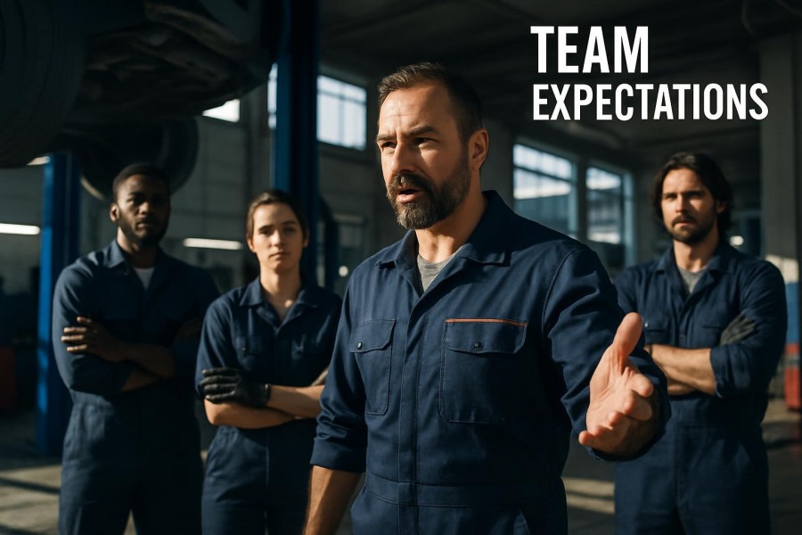Motivated auto repair shop leader engaging team, promoting communication strategies for improved team performance.