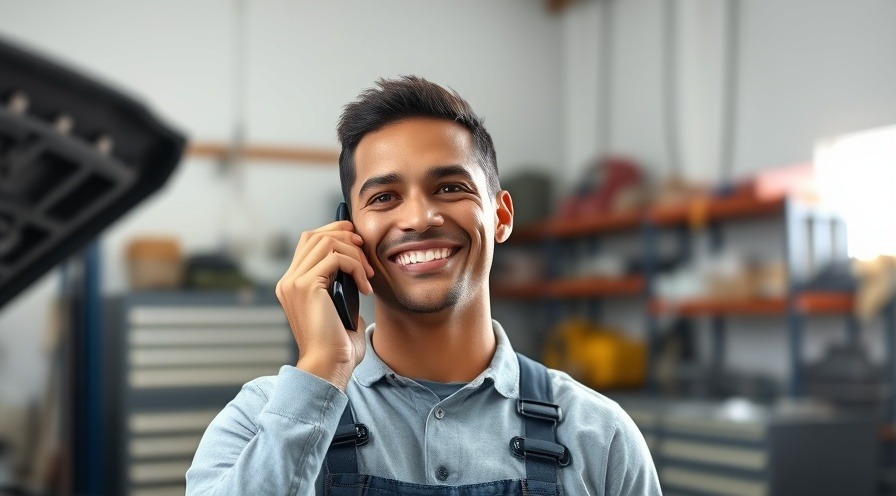Confident mechanic engaging in effective communication at an auto shop.