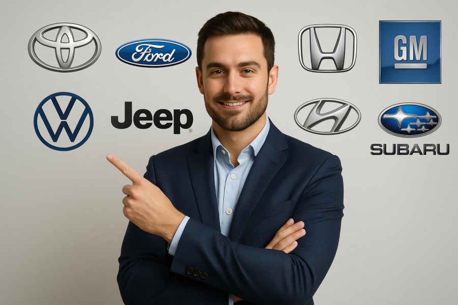 Confident man showcasing reliable vehicles logos for car buying advice.