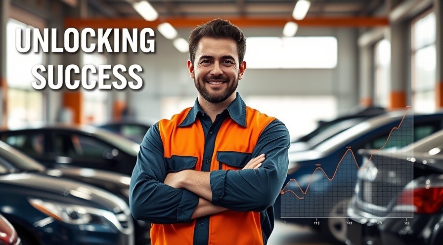 Confident auto shop owner with graphs showcasing automotive data insights for better shop performance.