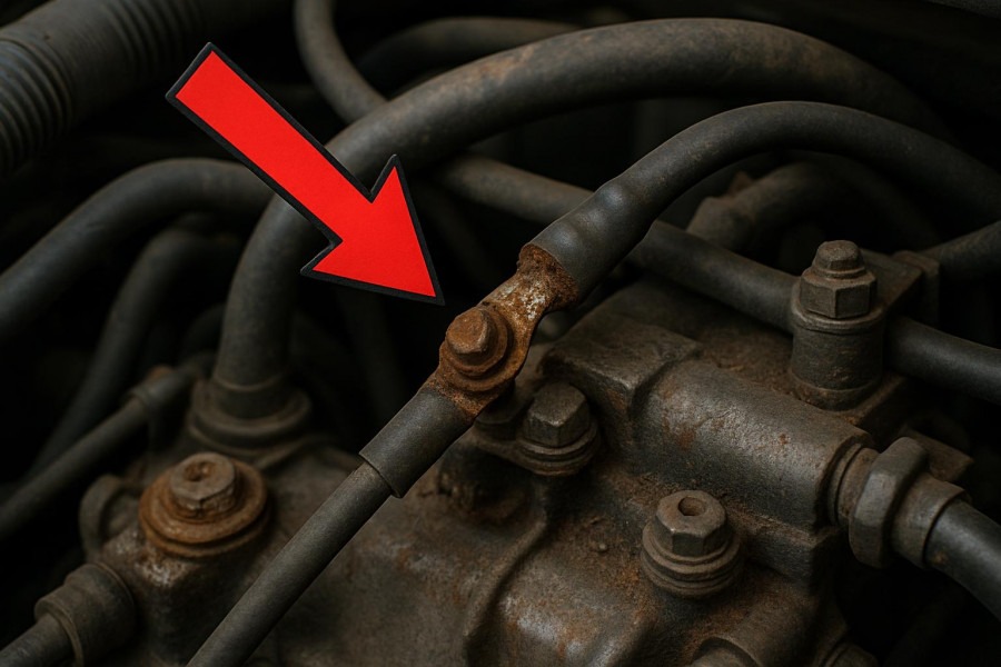 Close-up of car engine showing rusted parts and starter issues for car battery maintenance.