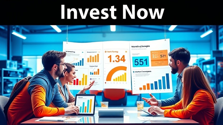 Team at auto repair shop brainstorming marketing investment benefits with vibrant charts.