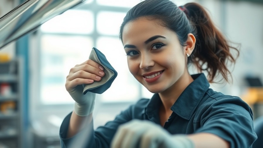 Confident female mechanic cleaning windshield, showcasing best way to prevent windshield fogging.