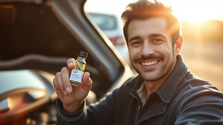Confident car owner proudly holding engine protection additive by an open hood.