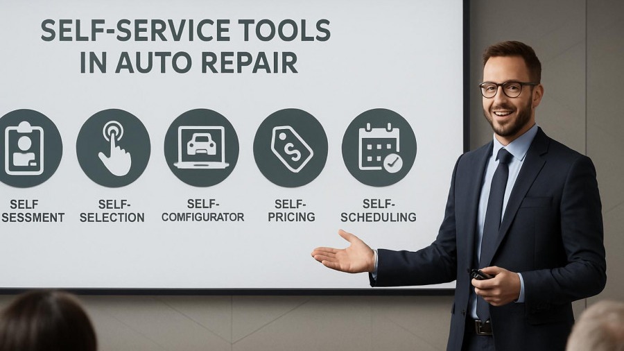 Enhancing efficiency in auto repair through self-service tools on a modern presentation slide.