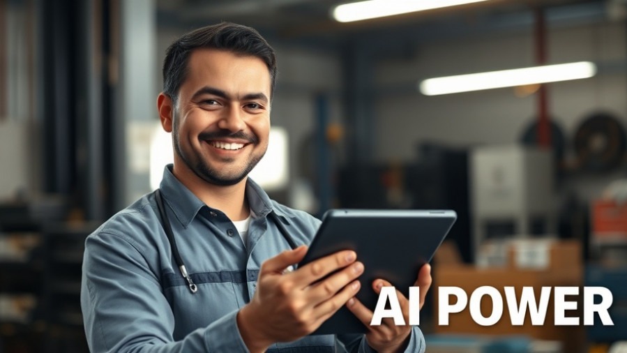 Confident auto technician using AI tools for shops, enhancing automotive technology.