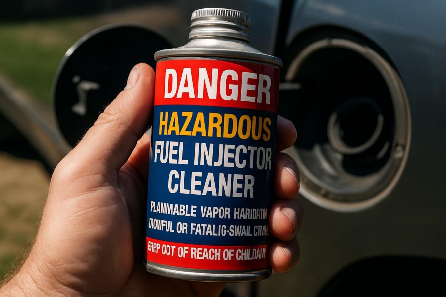 Close-up of a hazardous fuel injector cleaning product for effective engine maintenance.