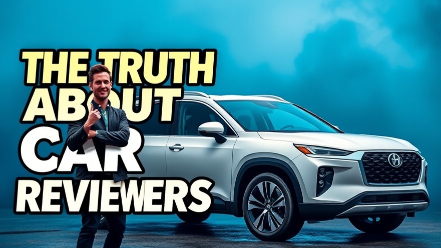 Thoughtful man beside modern SUV with 'The Truth About Car Reviewers' text, car reviews integrity.