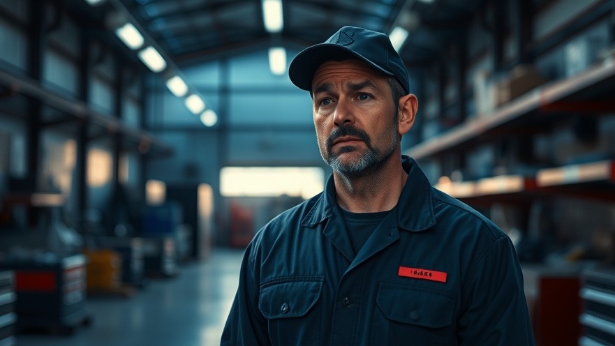 Stressed auto shop owner in uniform, embodying leadership in auto repair