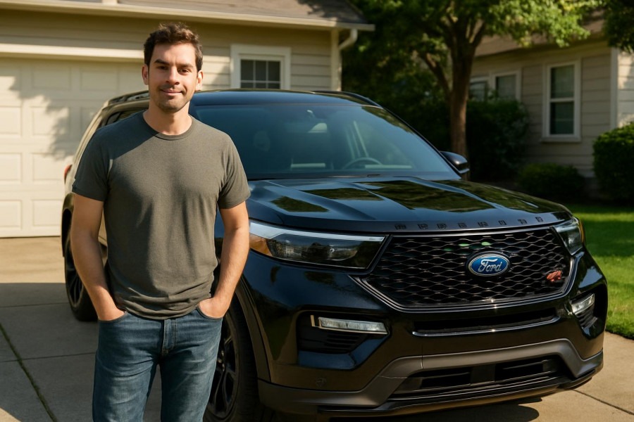 Man beside a 2022 Ford Explorer ST showcasing Ford Explorer features.