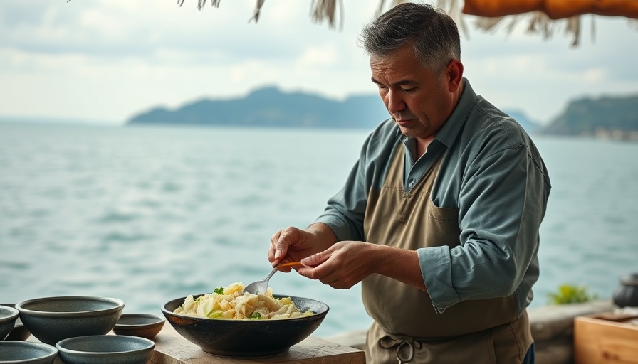 Man preparing Kamaboko Dip by the sea, with serene ocean view.
