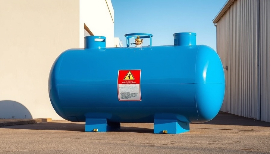 Propane tank with hazard label outside, not for winter garage storage.