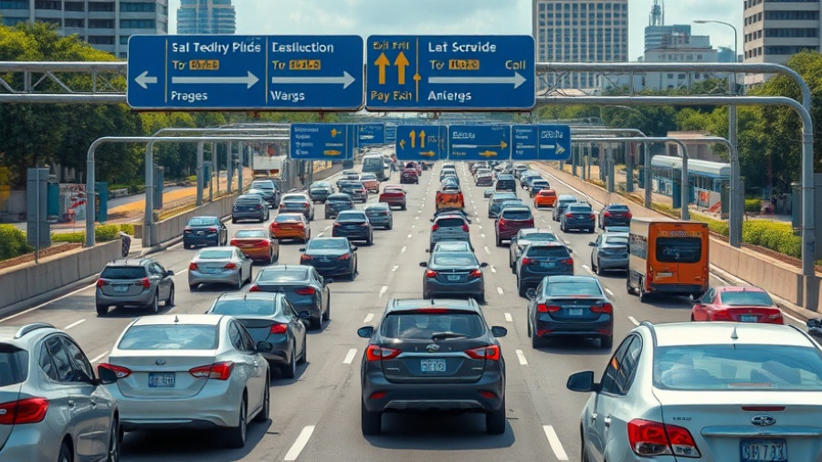 Cars on a highway under directional signs with traffic, representing highway driving dynamics.