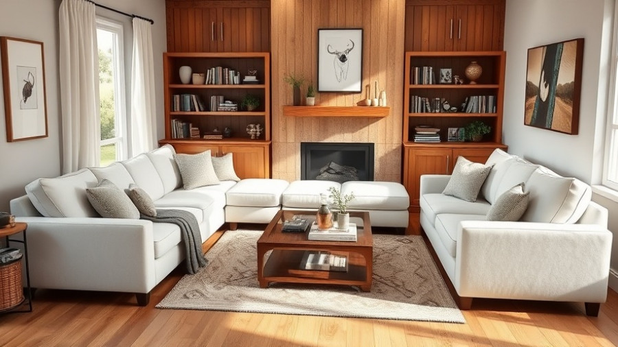 Cozy sectional sofas in a small living room with a fireplace, ideal for compact spaces.