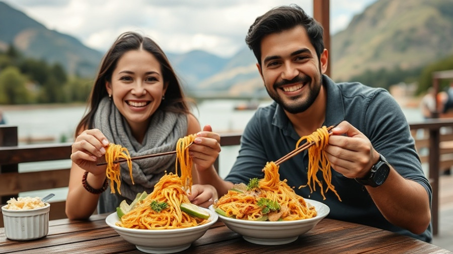 Smiling couple with Ulu Noodles and Garlic Sauce by the river