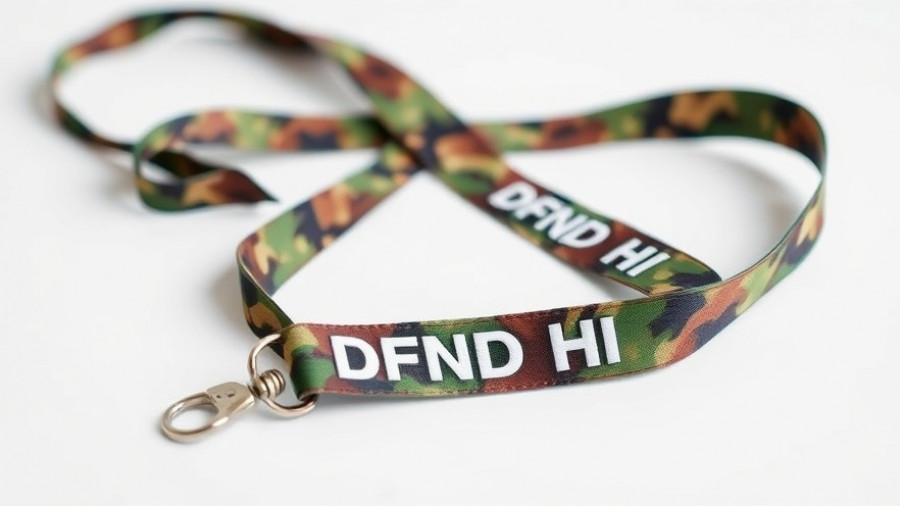 Defend Hawaii Promotion camo lanyard on white surface.