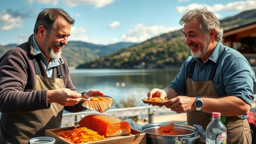 Men preparing Jreamy Furikake Salmon in outdoor lakeside setting.