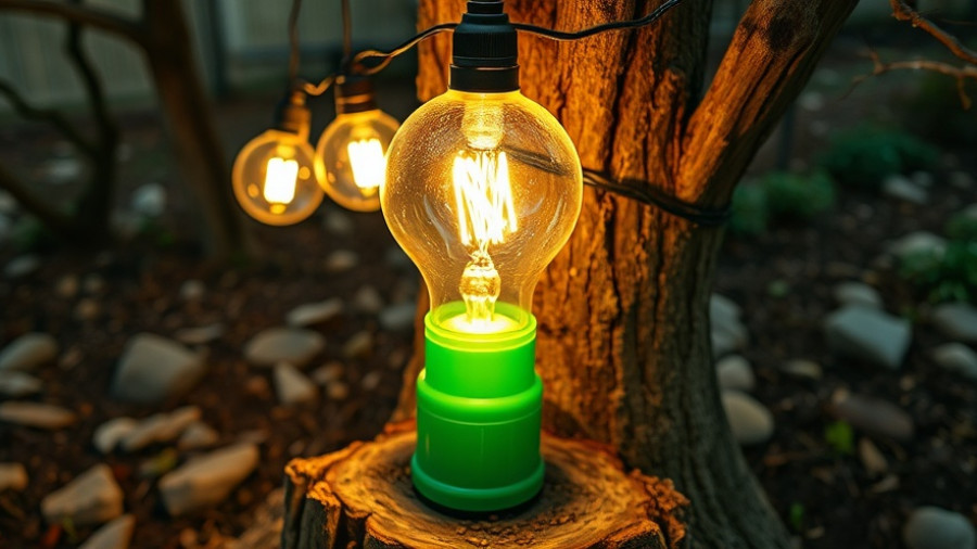 Creative holiday light decorations from plastic pots and bottles on tree.