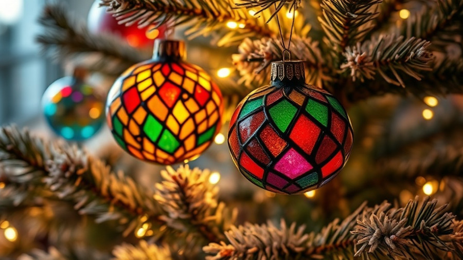 Vibrant stained glass ornaments on a frosted pine for holiday tips.