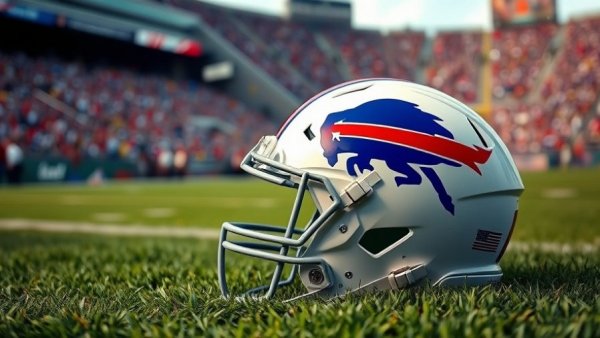 Buffalo Bills helmet on grass with blurred stadium backdrop.
