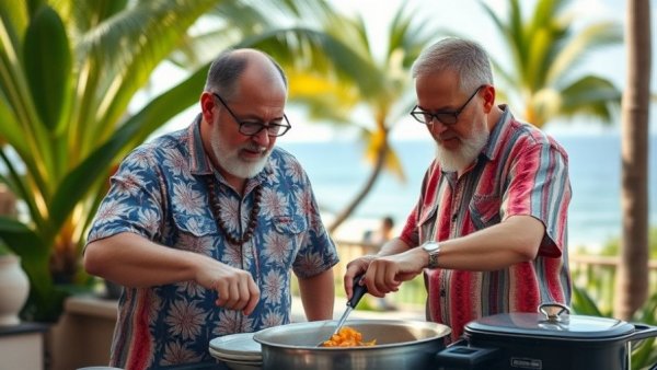 Men cooking outdoors in Hawaii, tropical setting with ocean view.