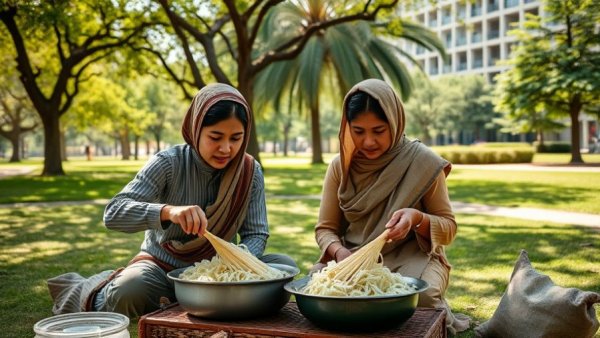 Chefs preparing Waʻa Hash recipe outdoors in a park setting.