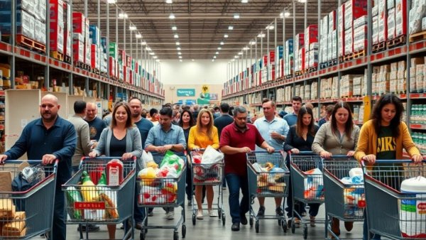 Shoppers with carts at Costco, highlighting DIY supplies.