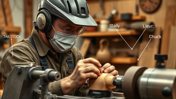 Woodworker shaping Christmas ornaments on lathe with labeled parts.