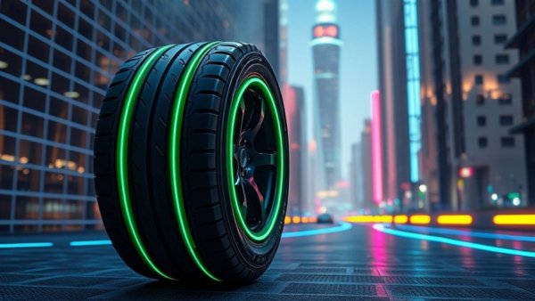 Futuristic smart tire technology displayed in a digital cityscape.
