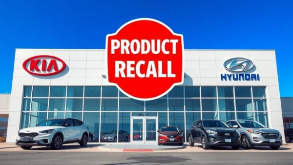 Kia Hyundai fuel tank recall sign at dealership facade