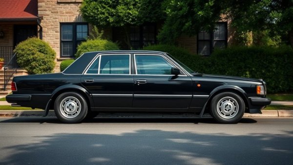 Classic black sedan in front of a stone house, reflecting on how long to keep your car.