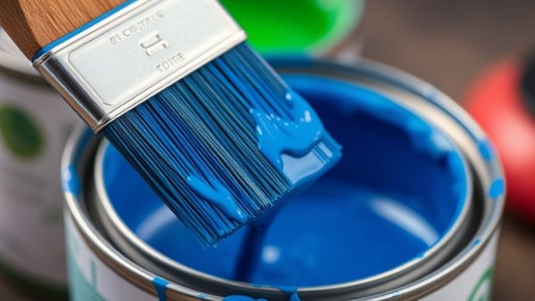 Dollar Tree Tools: Paintbrush in blue paint can with blurred background.