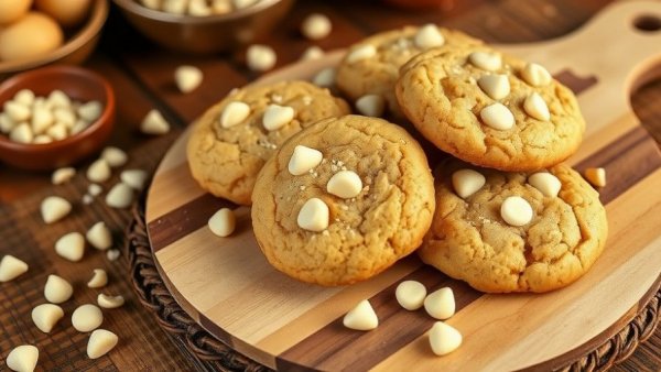 Hawai‘i-style white chocolate mac nut cookies on rustic board.