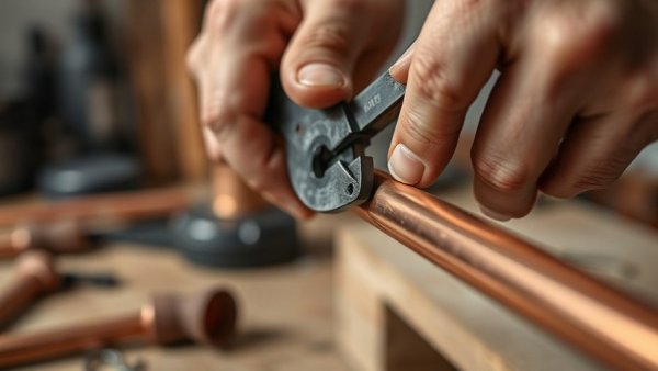 Hands cutting copper pipe for DIY copper pipe coffee maker, close-up.