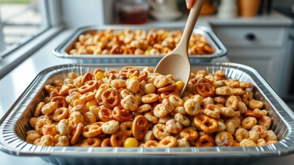 Favorite holiday snack mix in a large tray, vibrant and delicious.