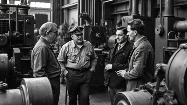 Historic meeting discussing industrial machinery - ykk on zipper context.