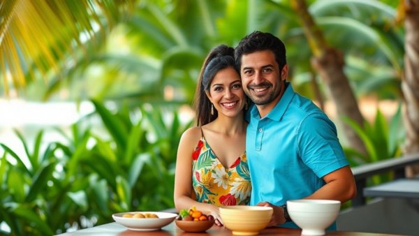 Couple enjoying cooking by a lake with vibrant dishes.