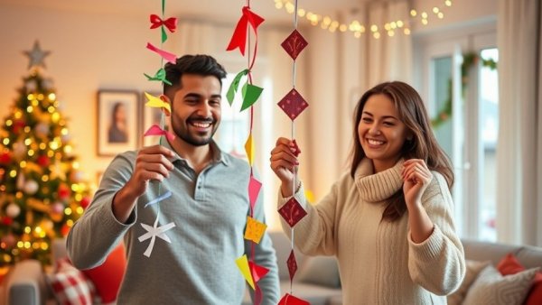 Couple hanging DIY paper chains for holiday decor in festive room.