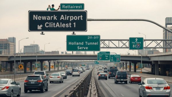 Navigating highway signs to Newark Airport and Holland Tunnel, cloudy day traffic.