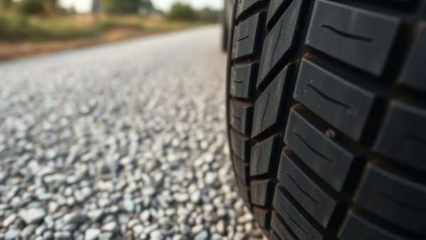 Close-up of car tire on gravel, highlighting tread design, using nitrogen in your tires theme.
